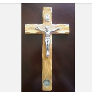Handmade olive wood hanging cross 10"